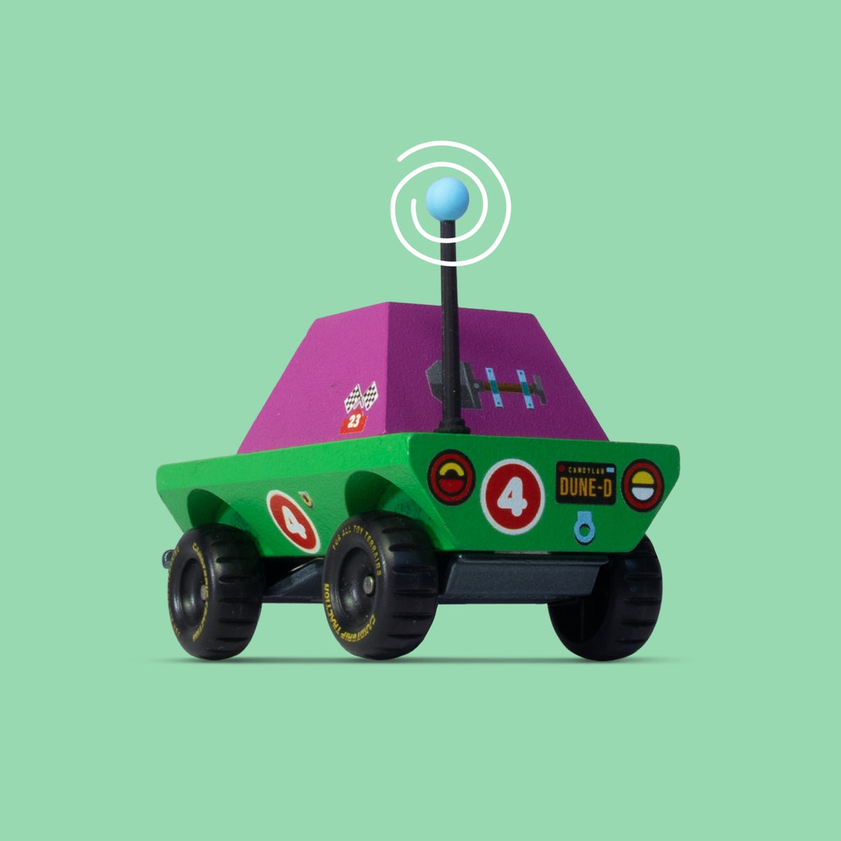 Toy robot with a purple top and green body on a light green background