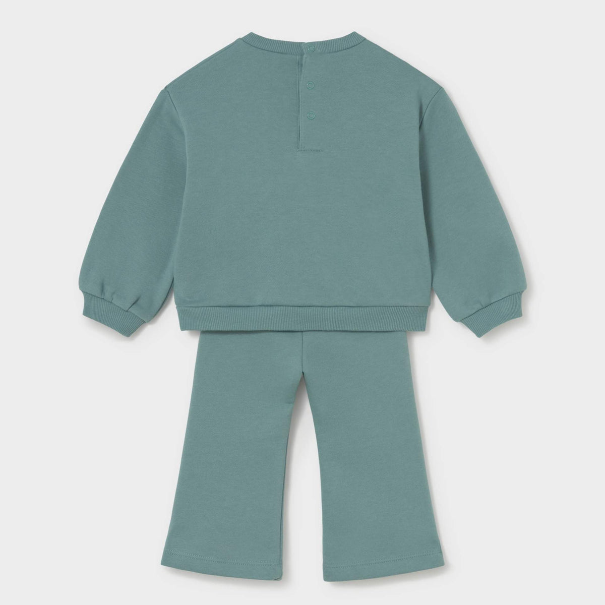 A two-piece children's loungewear set in a dusty sage green color, featuring a long-sleeve sweatshirt and matching wide-leg pants, shown from the back on a light gray background.
