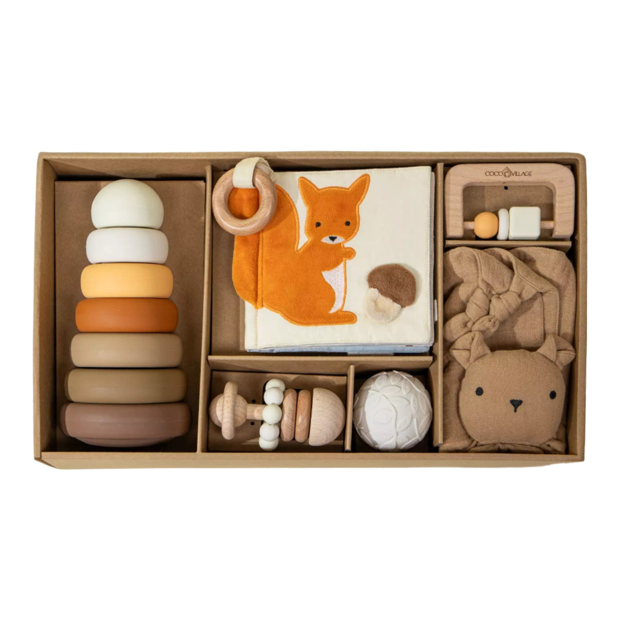 Set of baby toys including wooden rings, plush toy, and book with a fox illustration in a box.