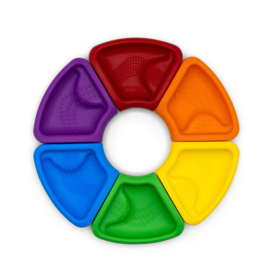 Colorful circular toy with six triangular sections in purple, red, orange, blue, green, and yellow on a white background.