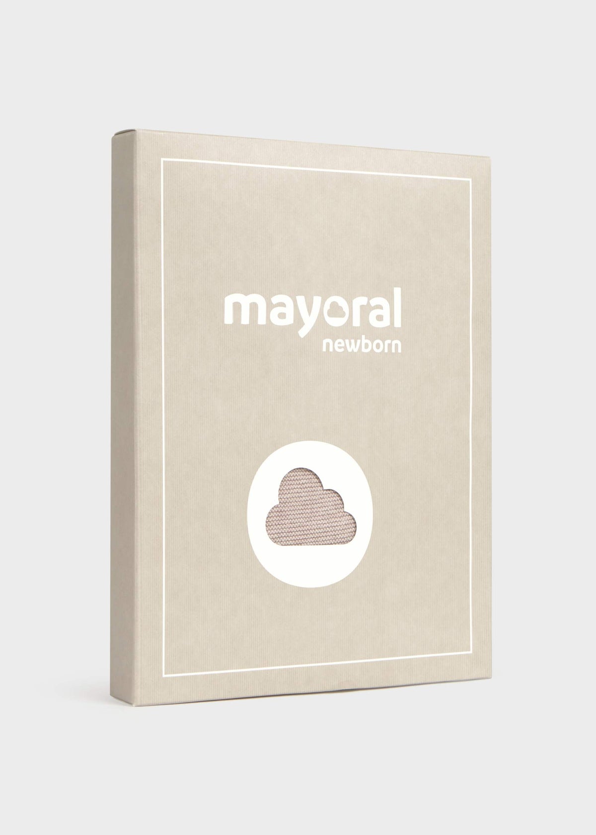 A beige rectangular product box with white border lines and the text 'mayoral newborn' on the front, plus a circular cutout showing a textured cloud-like pattern. The box is photographed on a clean light gray background.