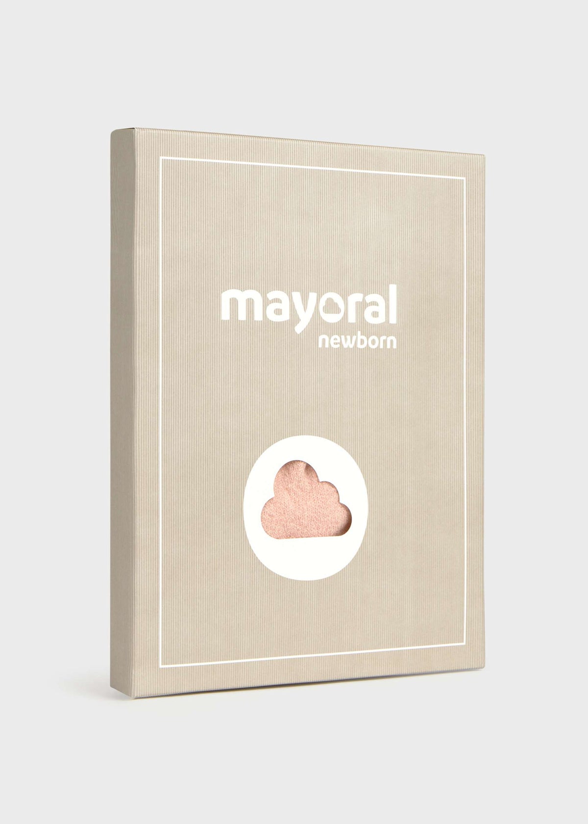 A rectangular beige product box with white border lines and the text 'mayoral newborn' on the front, featuring a white oval cutout with a pink cloud-shaped insert, shown on a light gray background.