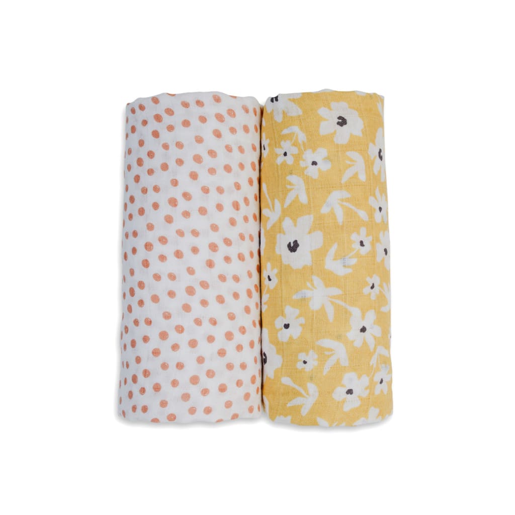 Two baby swaddle blankets, one with orange polka dots and the other with yellow floral pattern, on a white background.