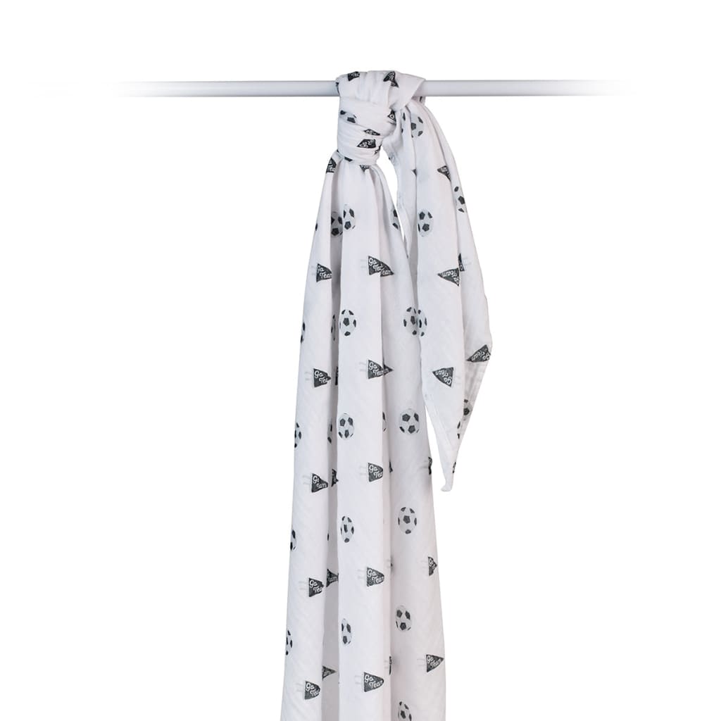 White scarf with black geometric pattern on a white background