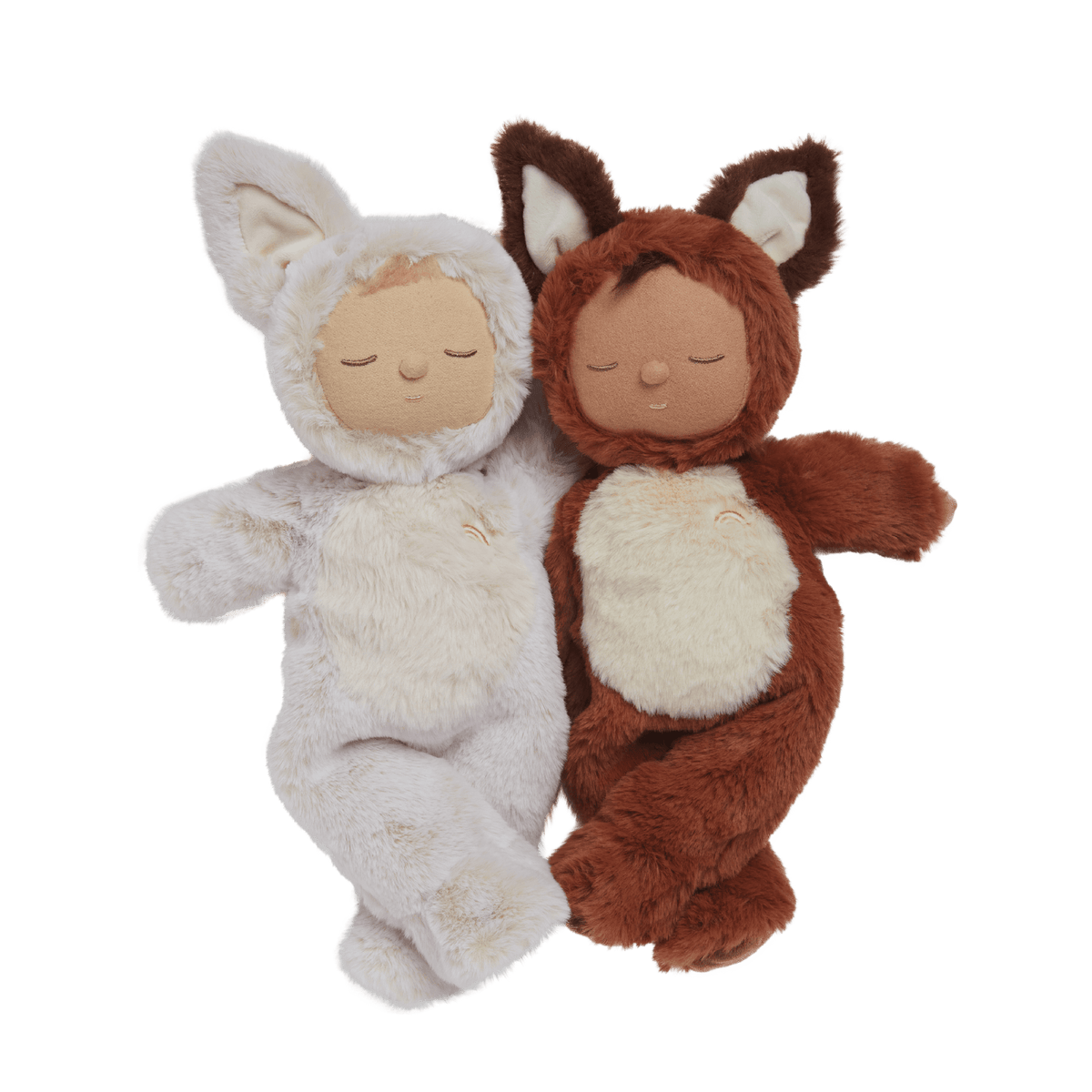 Two plush toys, one white and one brown, in animal costumes on a transparent background.
