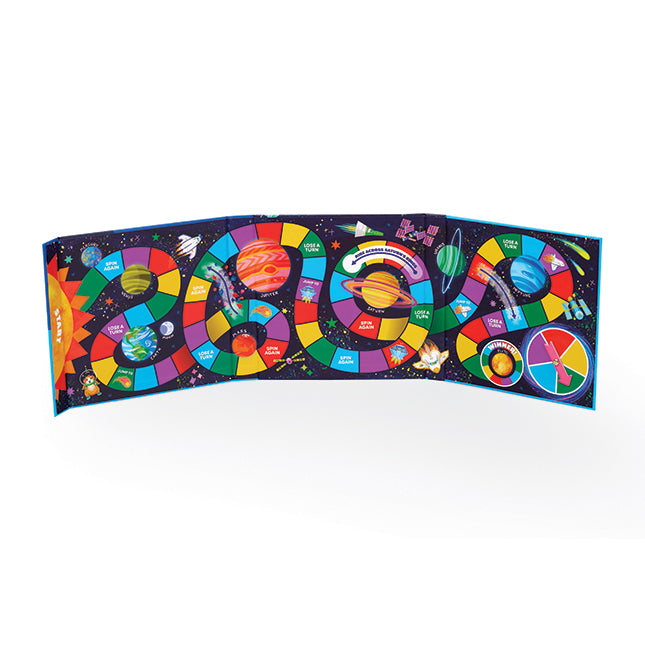 Colorful board game with space-themed design on a white background