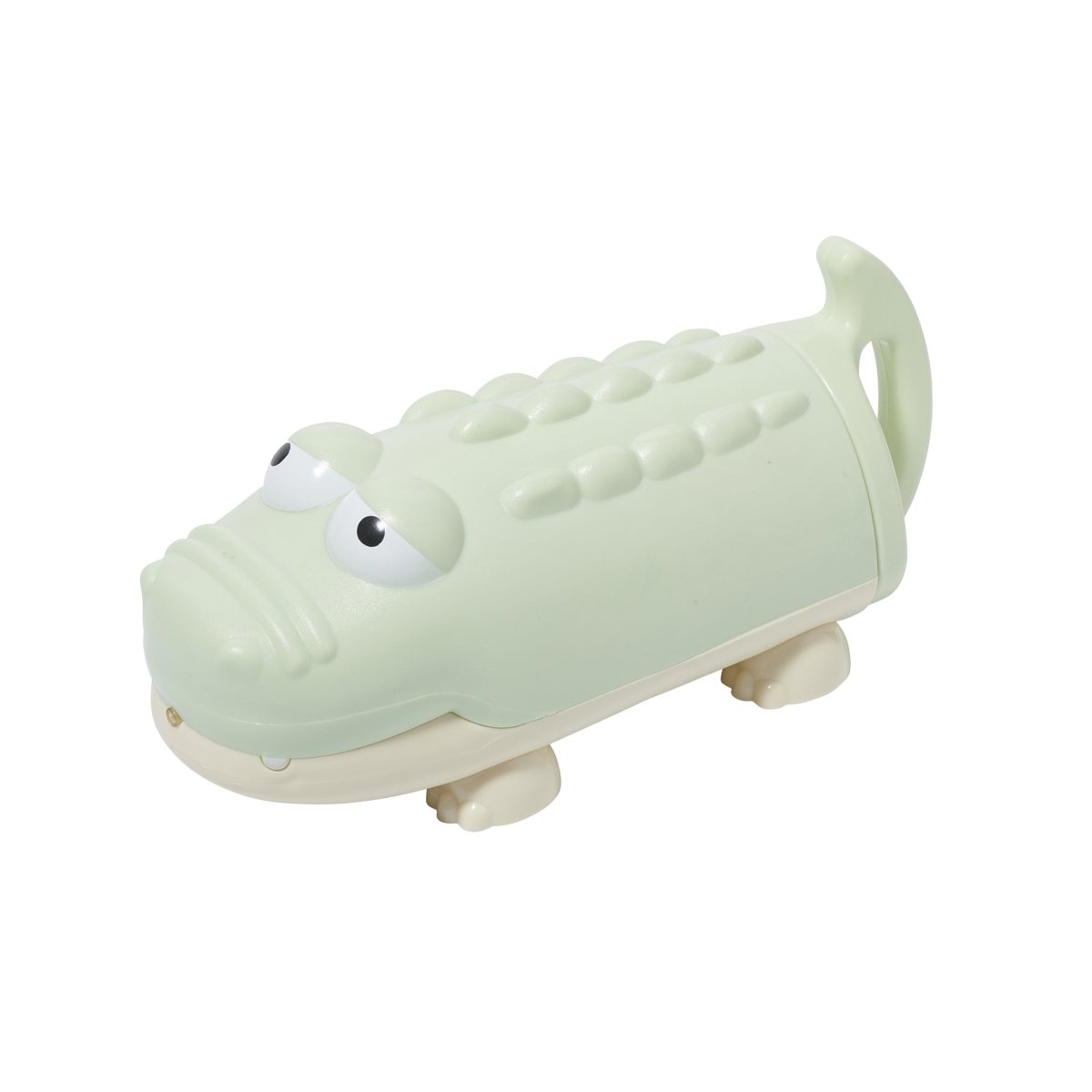 Light green alligator-shaped toy on a white background