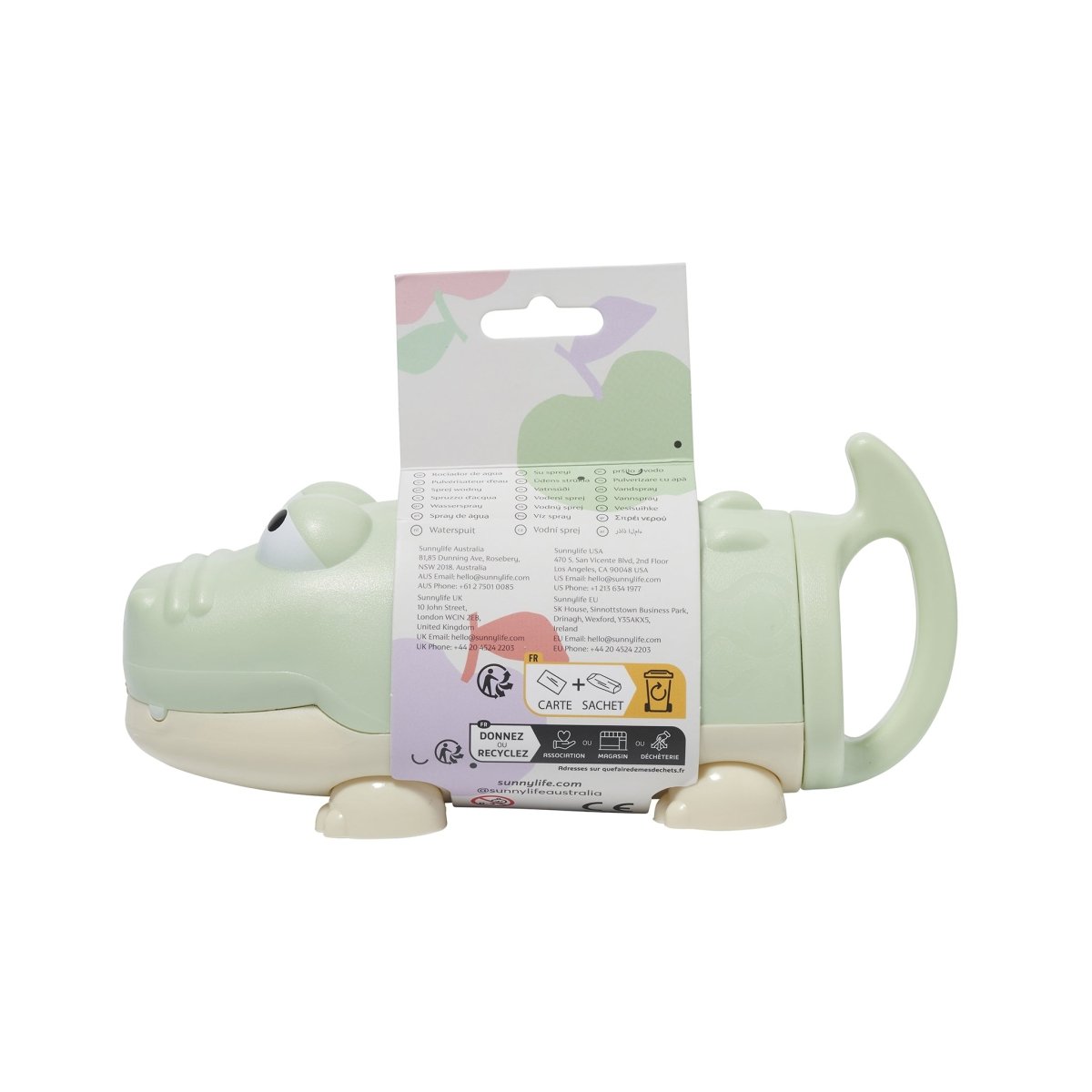 Light green dinosaur-shaped container with a label on a white background