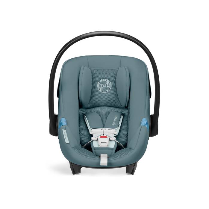 Blue baby car seat with black frame on a white background