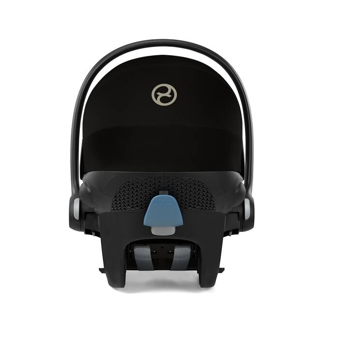 Black baby car seat with a visible brand logo on a white background