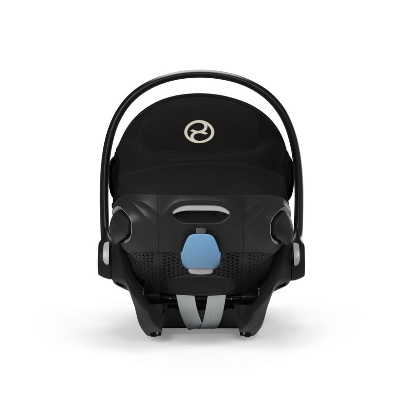 Black baby car seat with a logo on a white background