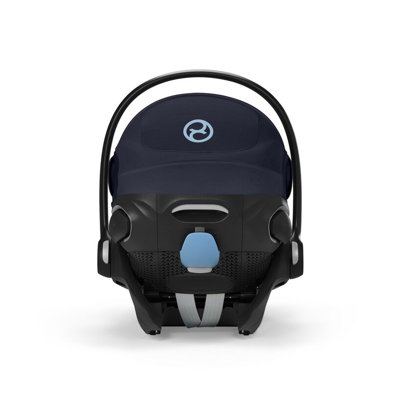 Black and blue baby car seat with a visible brand logo on a white background
