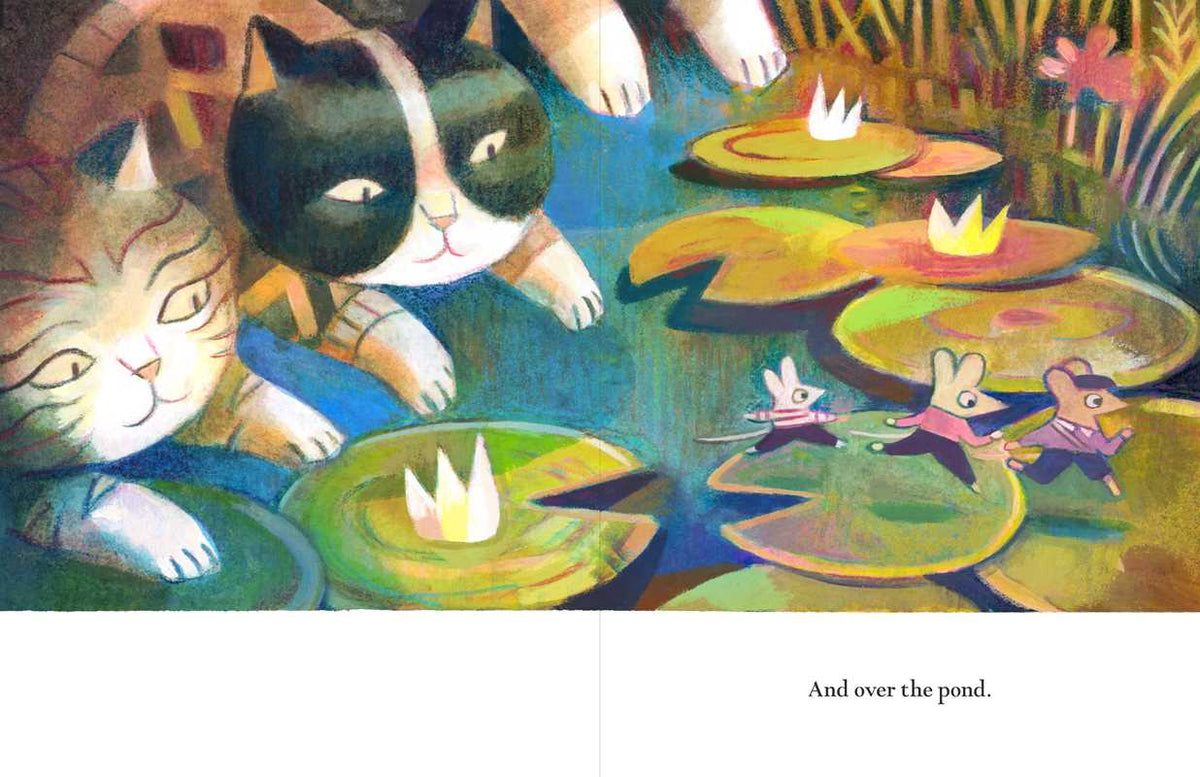 Illustration of cats and small animals on lily pads with text 'And over the pond'.