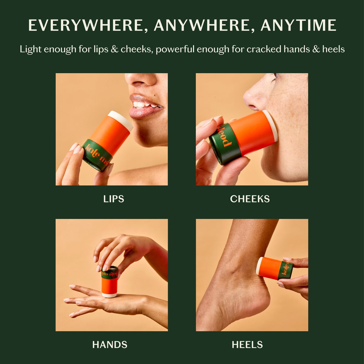 Product being applied to lips, cheeks, hands, and heels with text indicating its versatility.