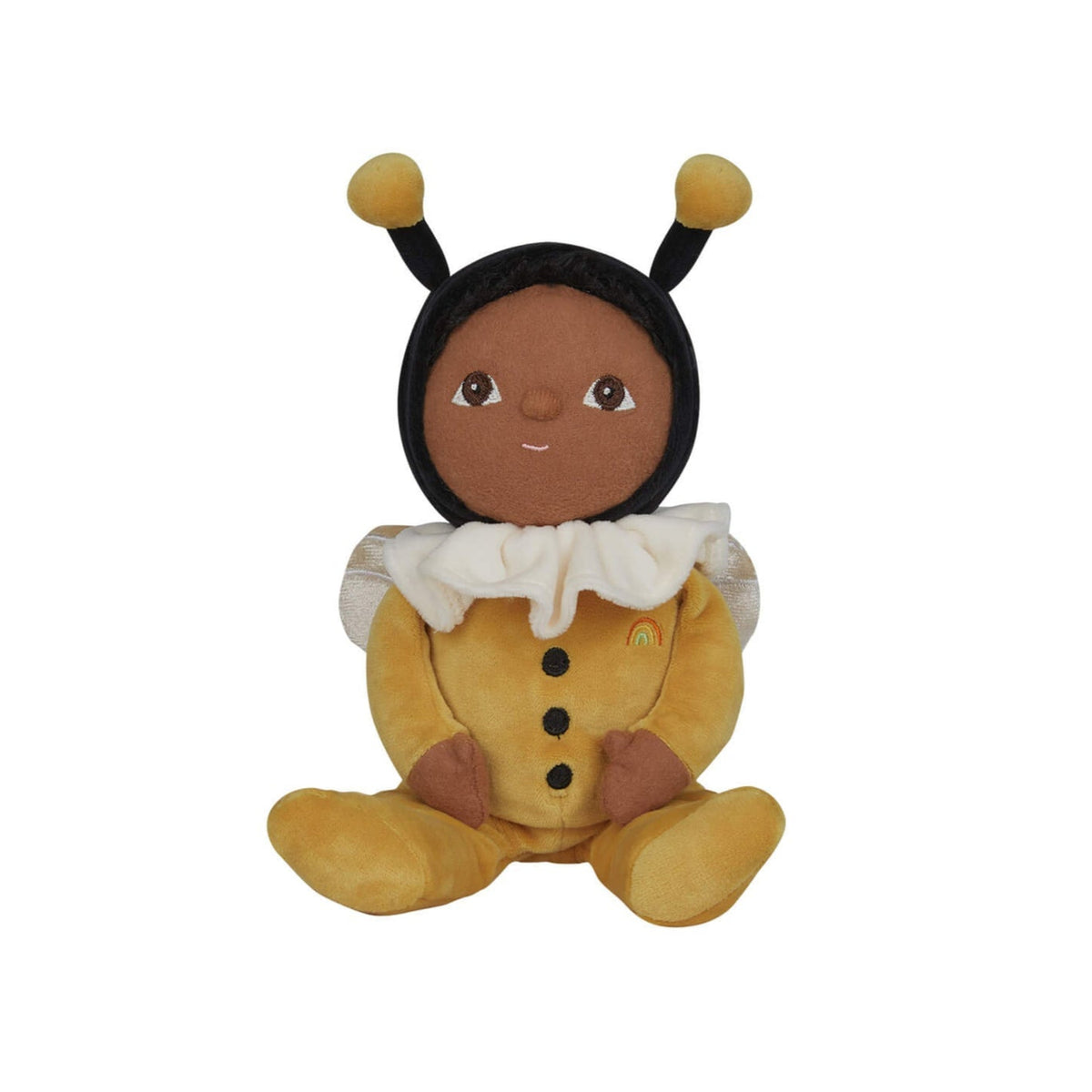 Plush toy bee with a child-like face on a white background