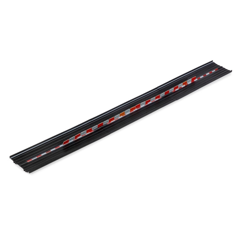 A long, narrow black metal guard rail with reflective red and white diagonal stripes along its center, shown diagonally on a plain white background.