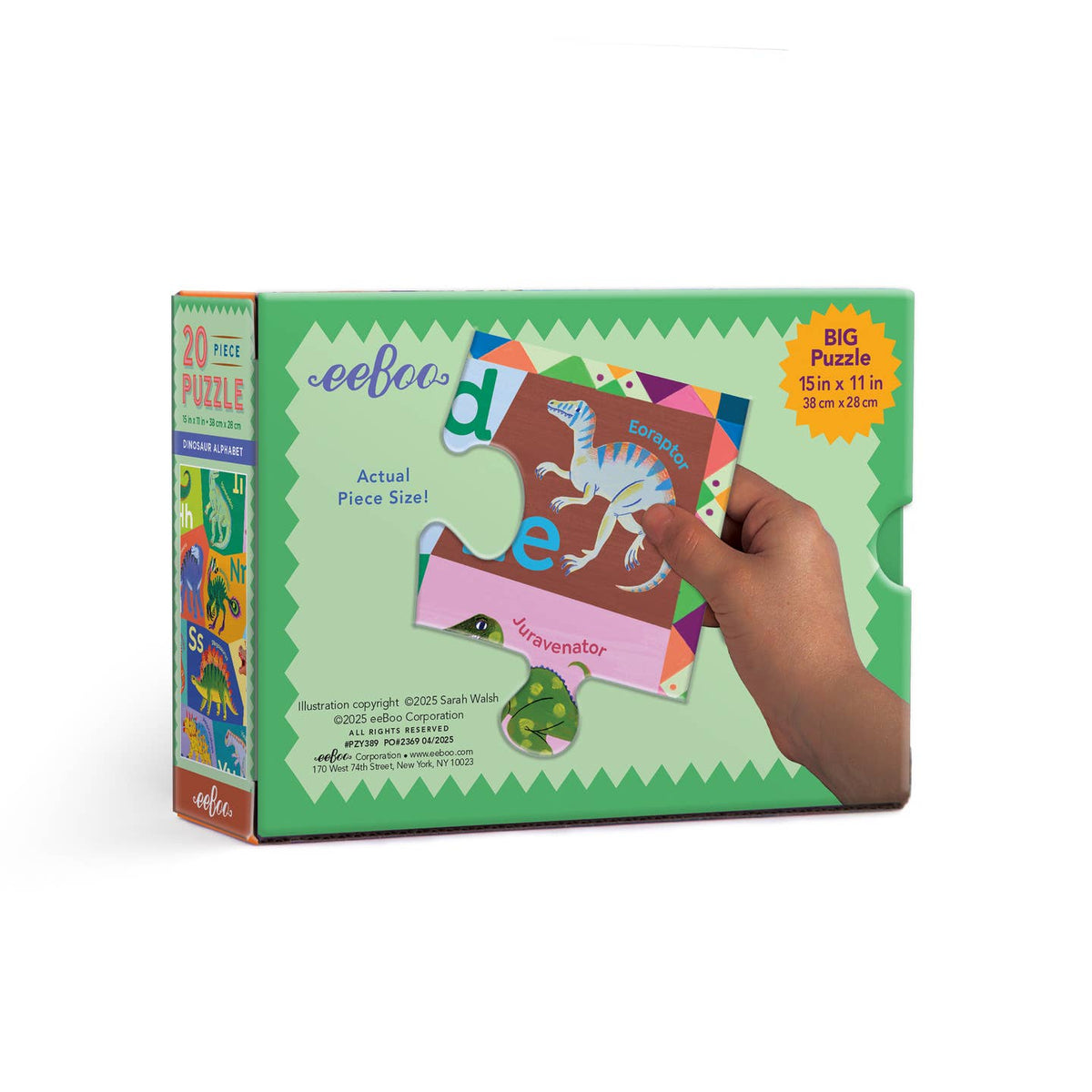 eeBoo dinosaur puzzle box with a hand holding a puzzle piece on a white background