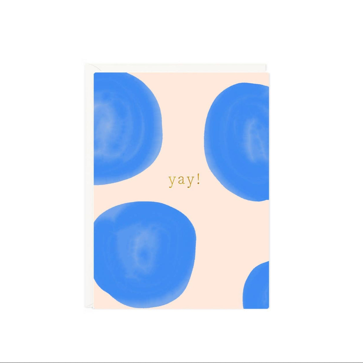A mini greeting card with a minimalist design featuring blue dots on a beige background and the word 'yay!' in gold at the top.