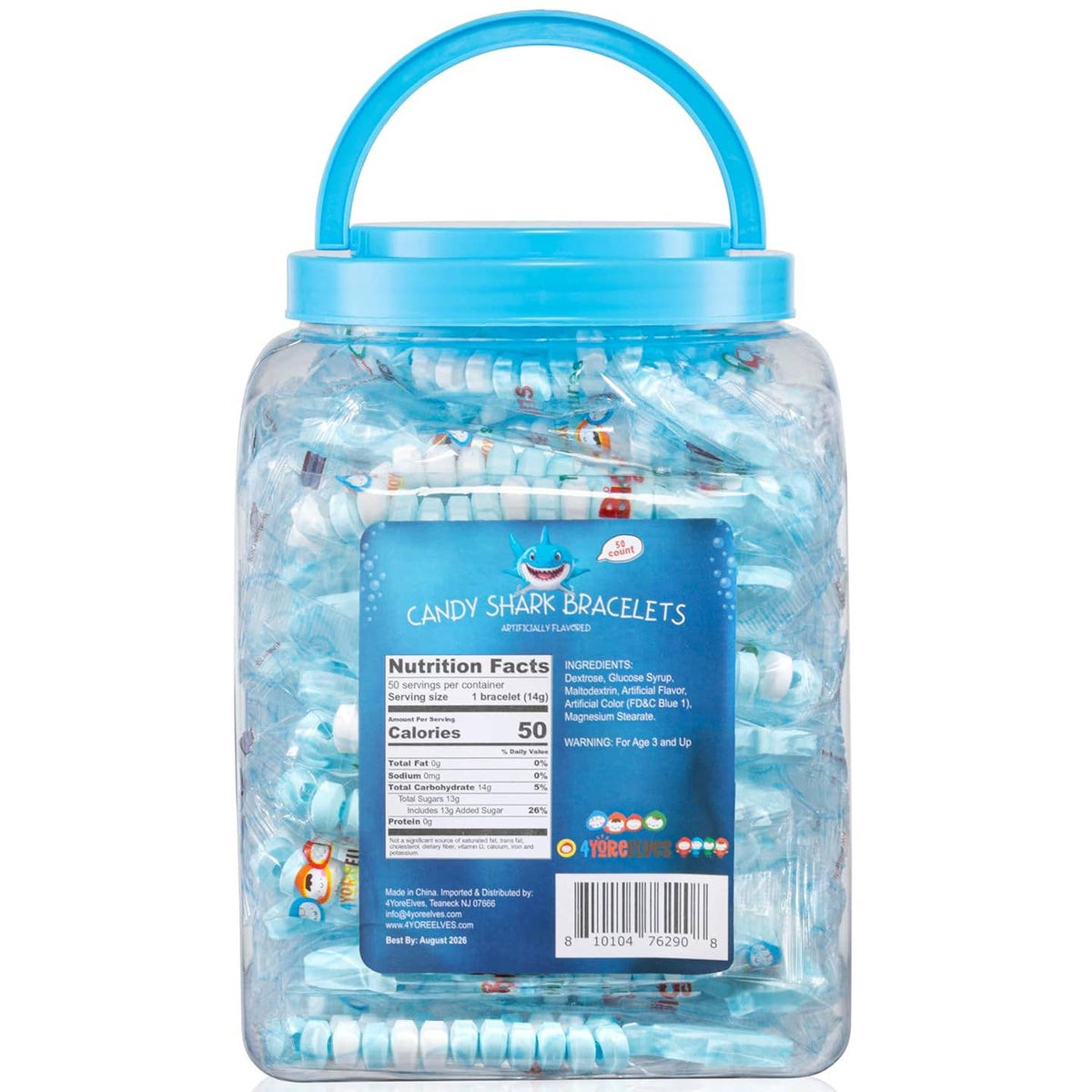 Jar of candy shark bracelets with a blue lid on a white background