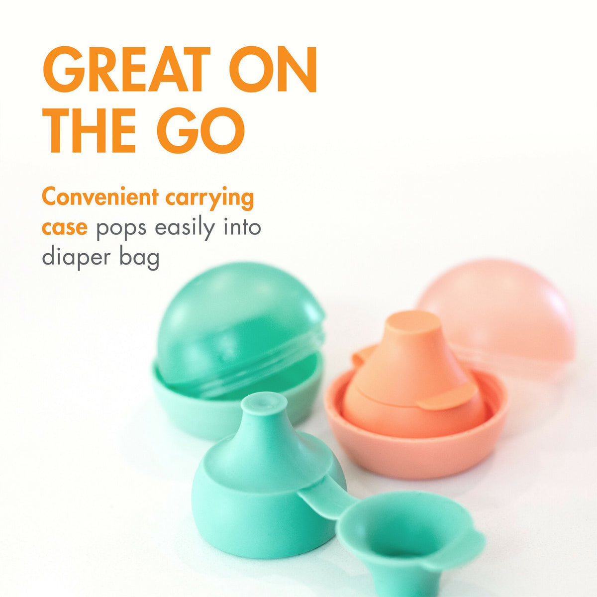 Colorful silicone funnels in a carrying case with text about convenience on the go.
