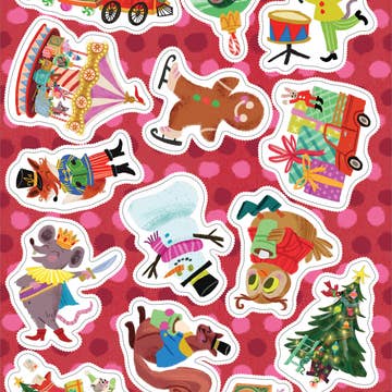 A sheet of colorful cartoon animal stickers on a pink polka-dot background. The stickers include a gingerbread man, a mouse in a crown, a snowman, a monkey in a red hat, a Christmas tree, a carousel, and other festive and playful illustrations.