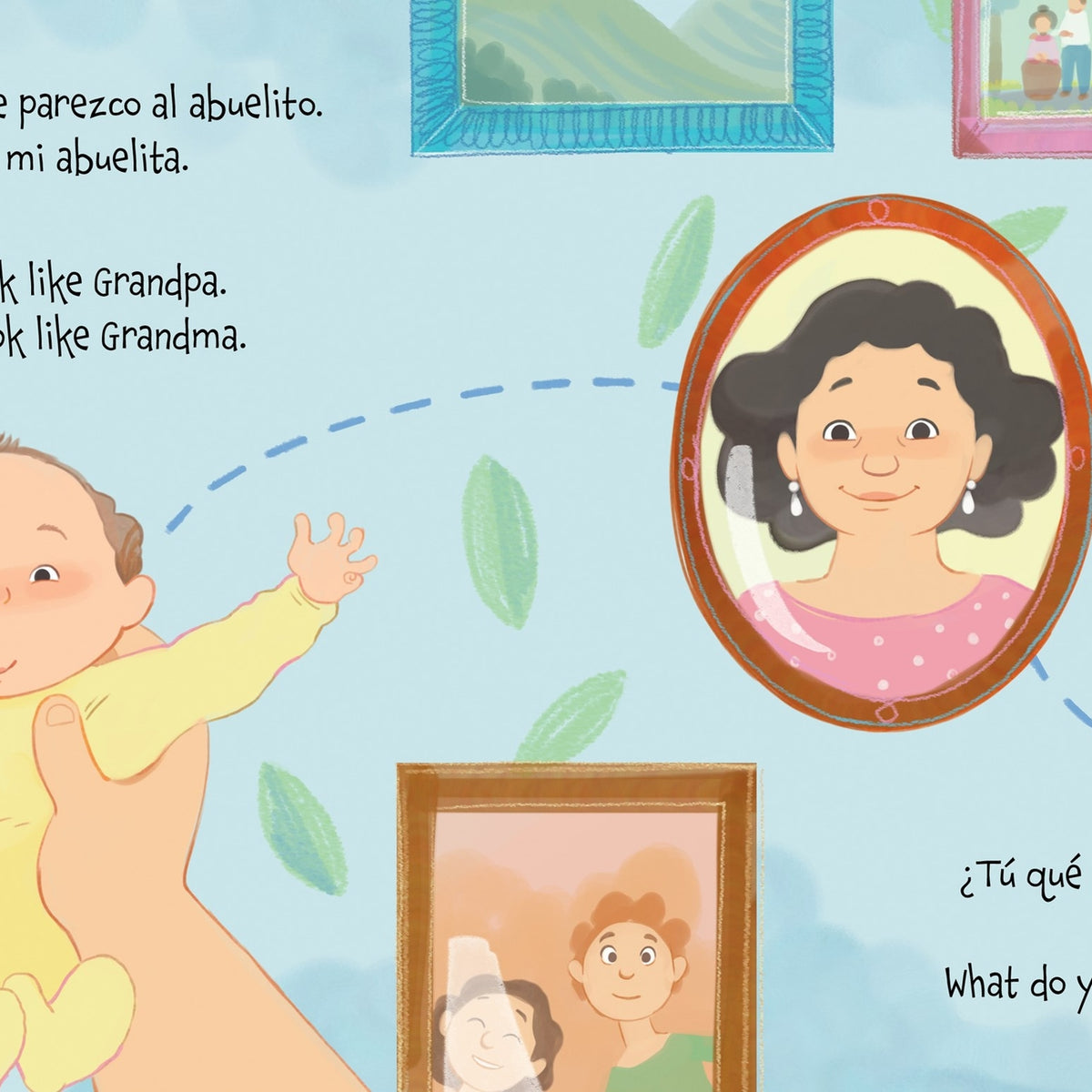 Children's book page with a baby, portraits of grandparents, and question text.