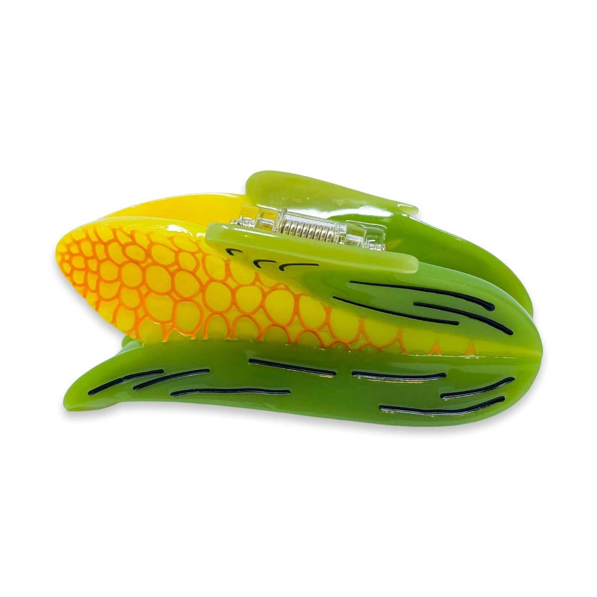 Corn-shaped clip with yellow kernels and green husk on a white background