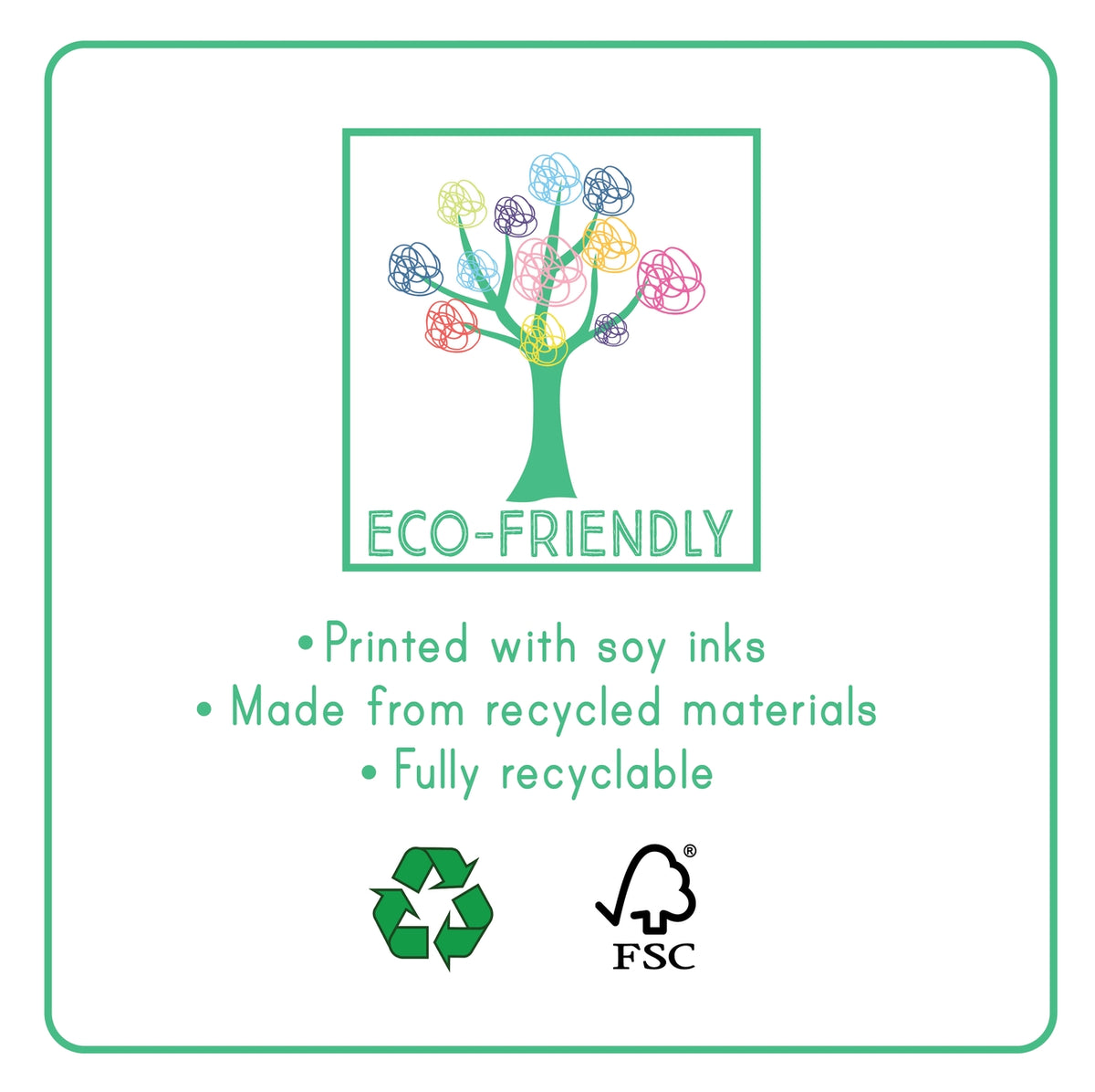 Eco-friendly product graphic with a green tree made of colorful yarn-like circles, the text 'ECO-FRIENDLY,' bullet points about soy ink, recycled materials, and recyclability, plus a recycling symbol and FSC logo on a white background with a green border.
