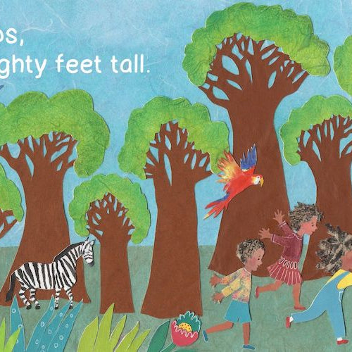 A colorful illustration from the book A Walk In The Forest showing a landscape with tall baobab trees, a rhinoceros, a zebra, a giraffe, children playing, and a parrot, accompanied by the text: "9 Baobabs, over eighty feet tall."