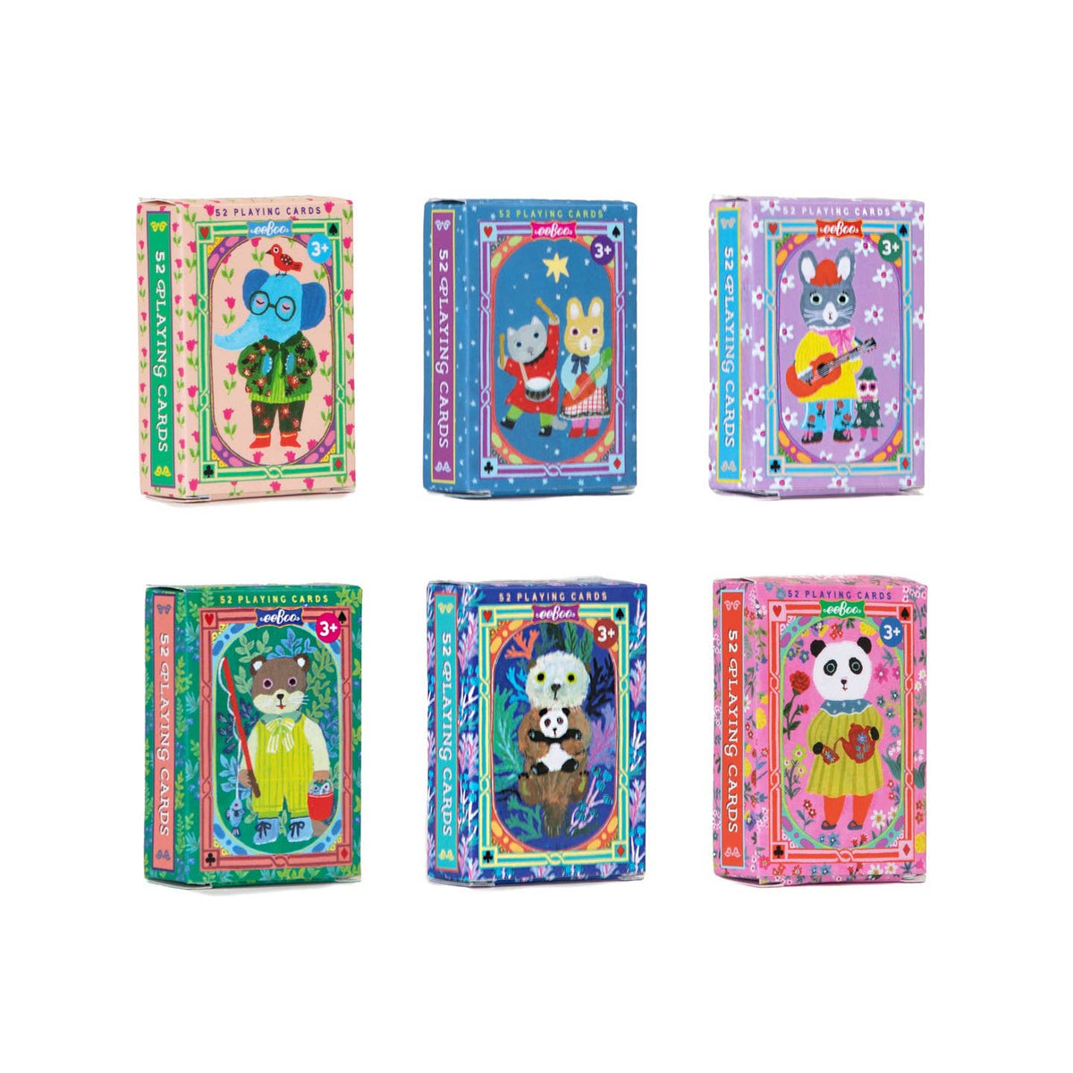 Set of six colorful children's playing card boxes with animal illustrations on a white background.