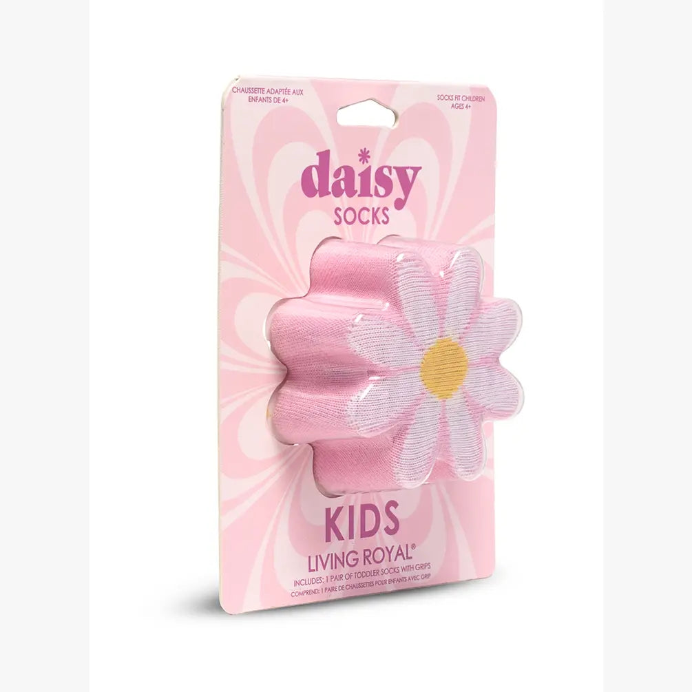 Pack of pink socks with a daisy design on the packaging, featuring the brand 'daisy socks'.