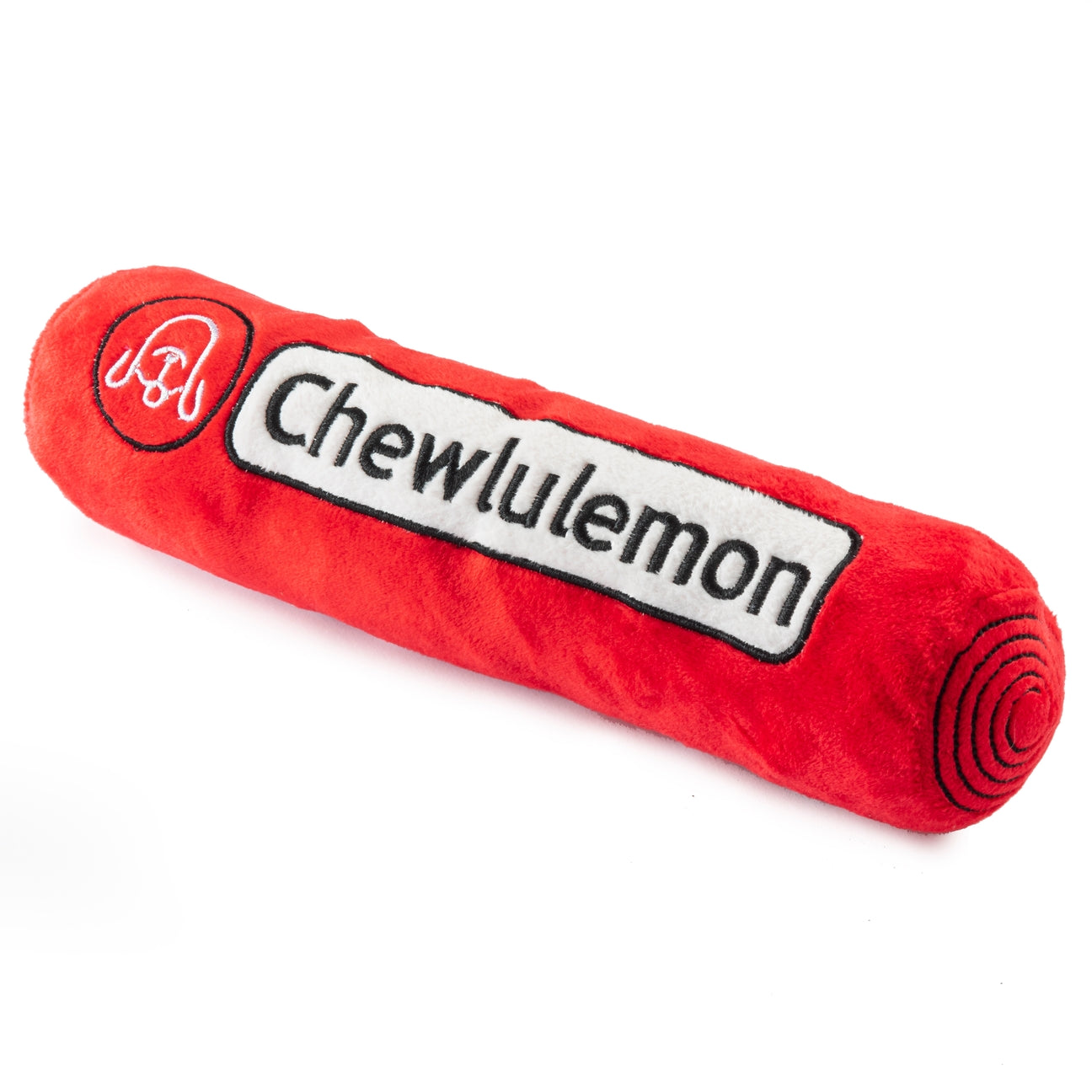 Red chew toy with 'Chewlulemon' branding on a white background