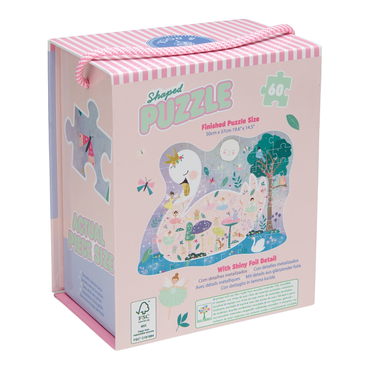 A pink puzzle gift box with a striped top handle, shown on a plain white background. The front features pastel artwork of a whimsical forest scene with a unicorn, butterflies, and trees, along with text reading 'Shaped PUZZLE' and 'Finished Puzzle Size 60'.