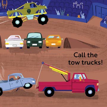 Cartoon scene with toy cars on a racetrack and a tow truck calling for help.