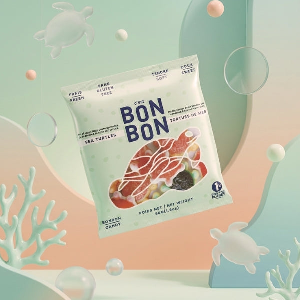 Packaging of Bon Bon sea turtle candy with a decorative background featuring sea-themed elements.