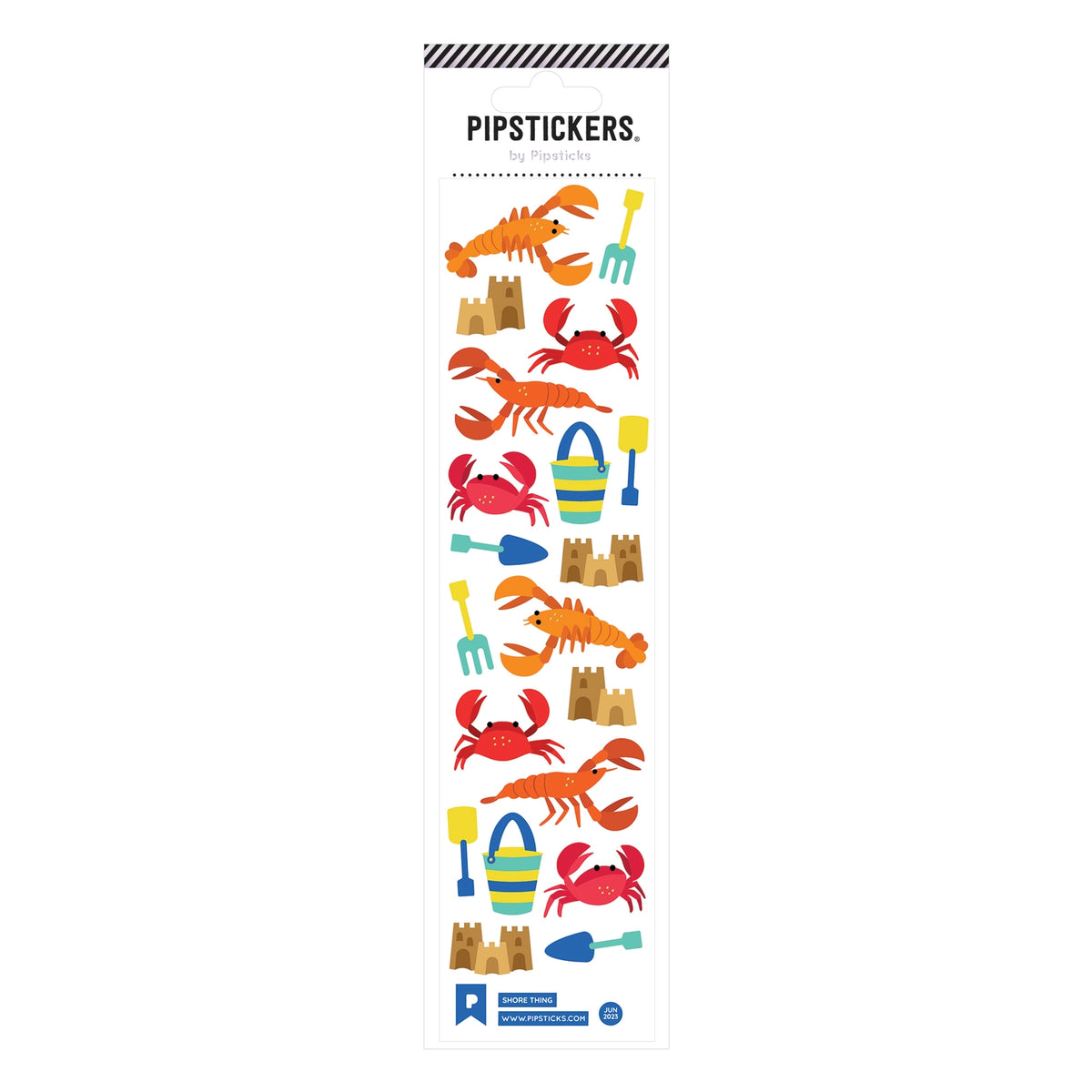 A vertical sheet of Pipsticks stickers with various beach-related designs including a crab, a lobster, a sandcastle, and beach tools like a bucket and shovel, all in a colorful and holographic design.