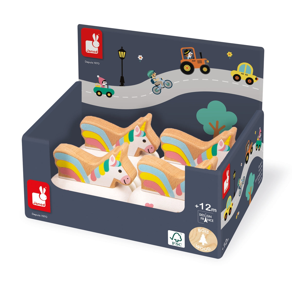 Toy packaging with colorful toy unicorns and a miniature road scene on the box.