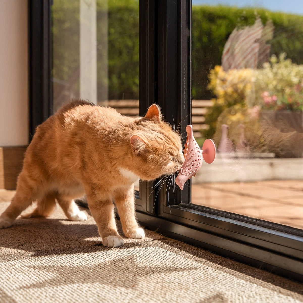 An orange cat sniffing a pink, bird-shaped The Perch & Treat Puzzle Cat Toy by Awoo Pets, which is attached to a glass window with a suction cup.