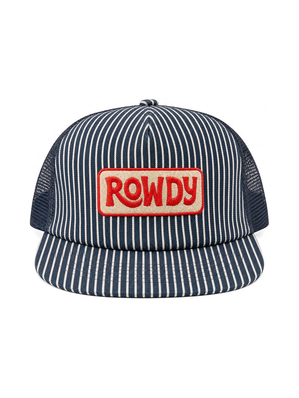 A navy blue and white pinstripe trucker hat with a red and cream embroidered patch on the front that reads 'ROWDY'.