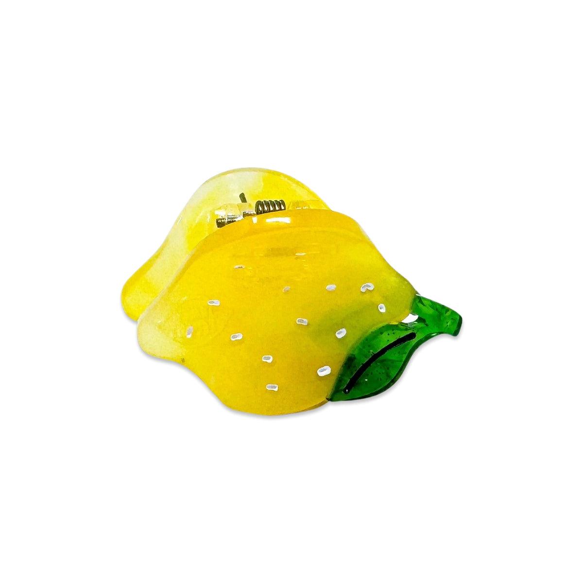 Yellow lemon-shaped object with green stem on a white background