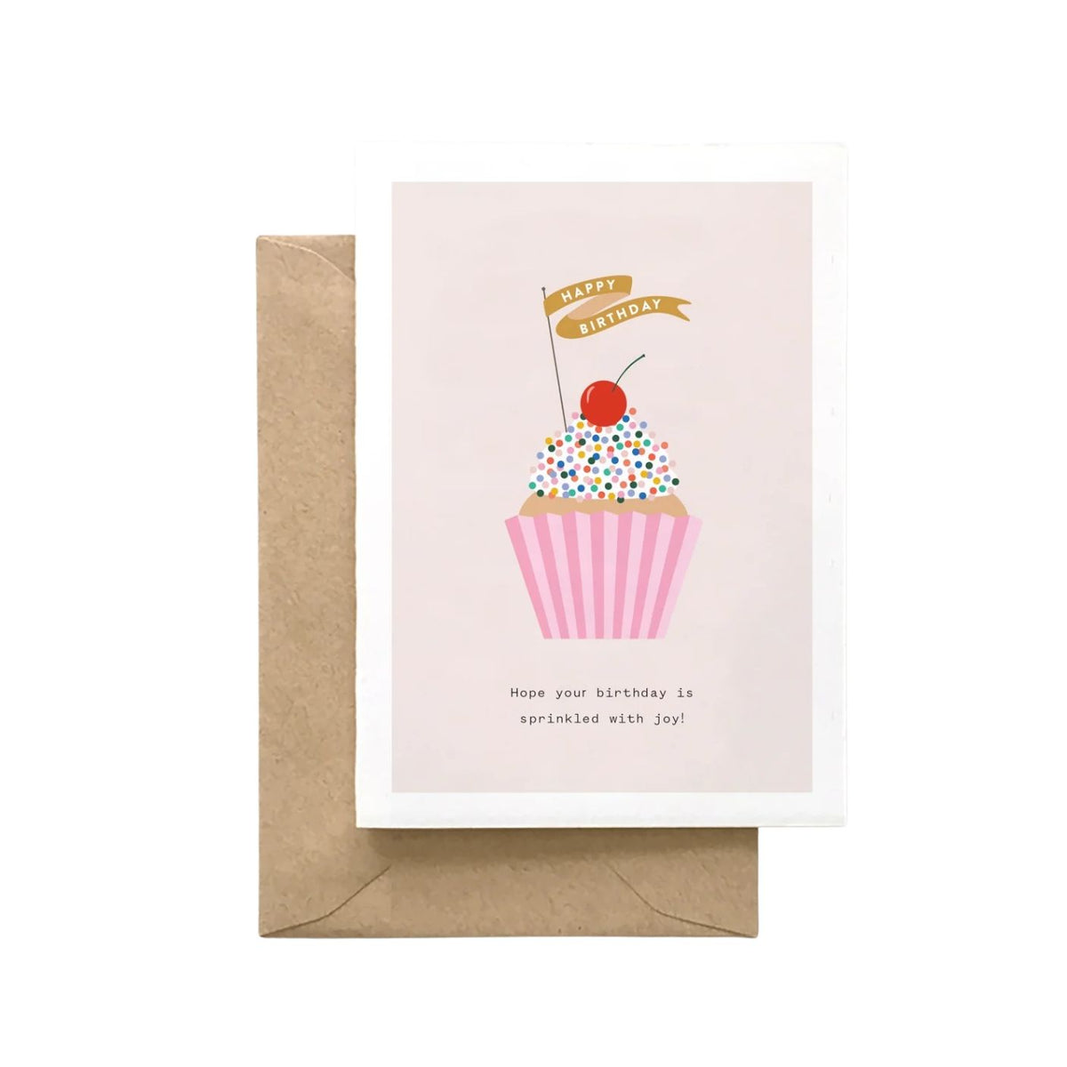 Birthday card with a cupcake illustration and envelope on a light gray background