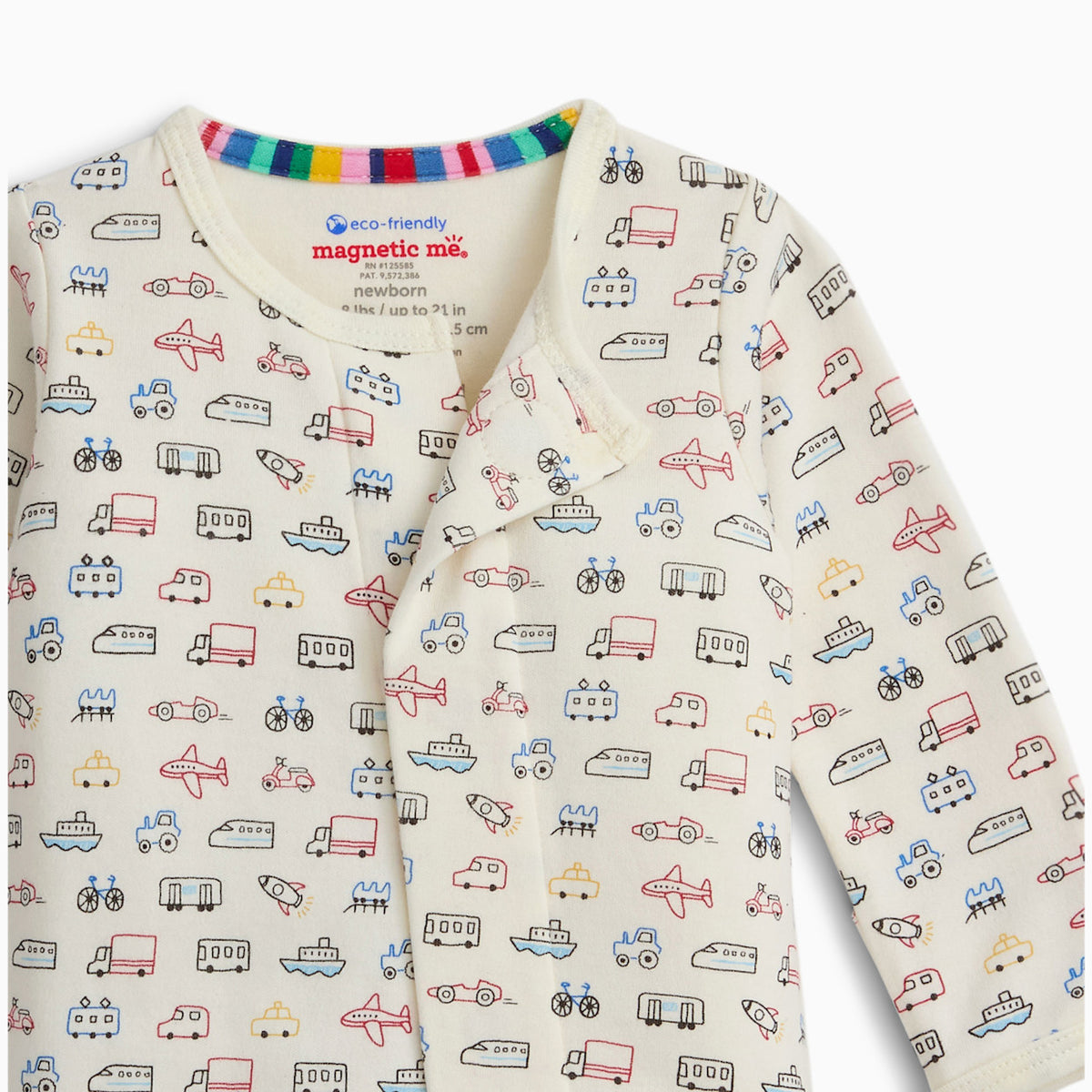 A baby long-sleeve sleep sack with an all-over vehicle print on a cream background. The print features various colorful drawings of cars, buses, planes, and boats.