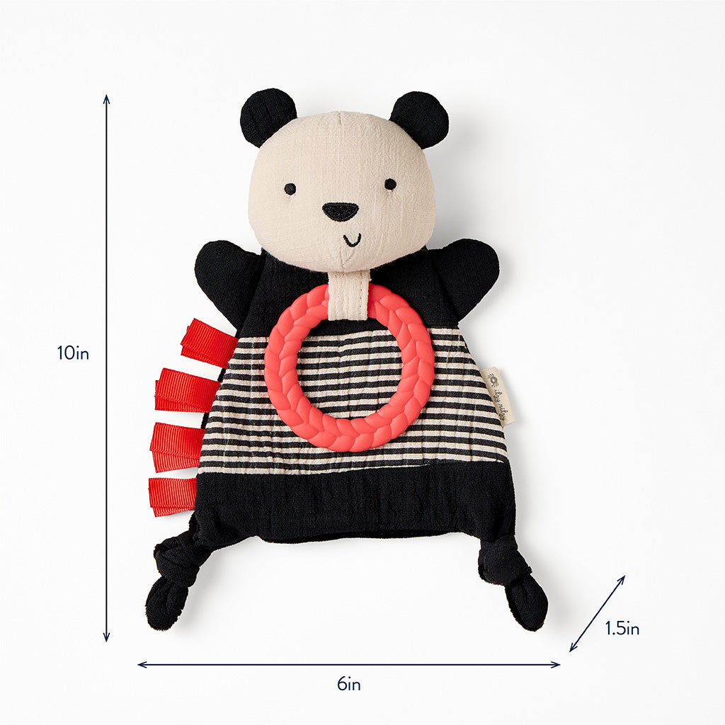 Panda-shaped toy with a red ring, black and white striped body, and measurement details on a white background.