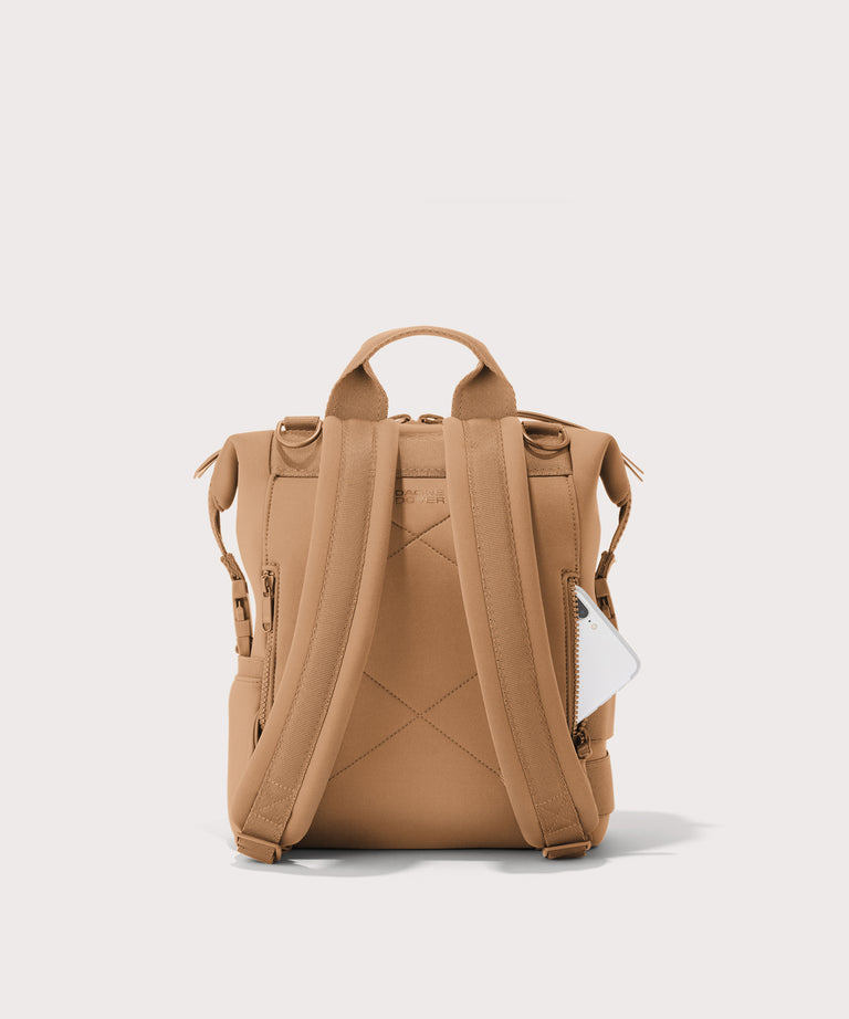 Tan backpack on a light gray background