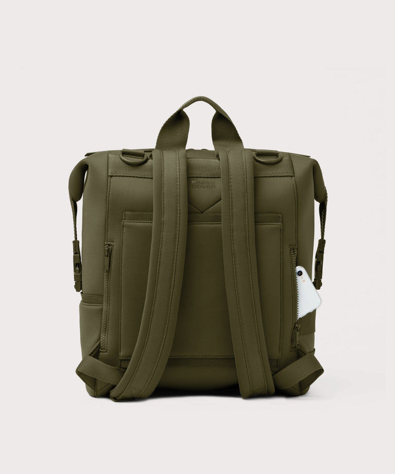 Green backpack on a light gray background