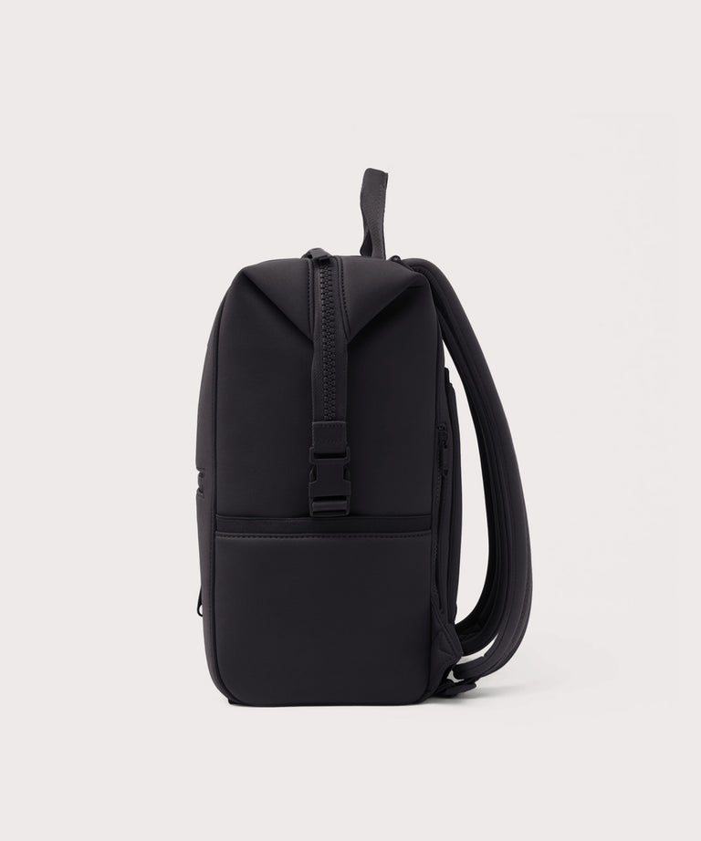 Black backpack on a light gray background