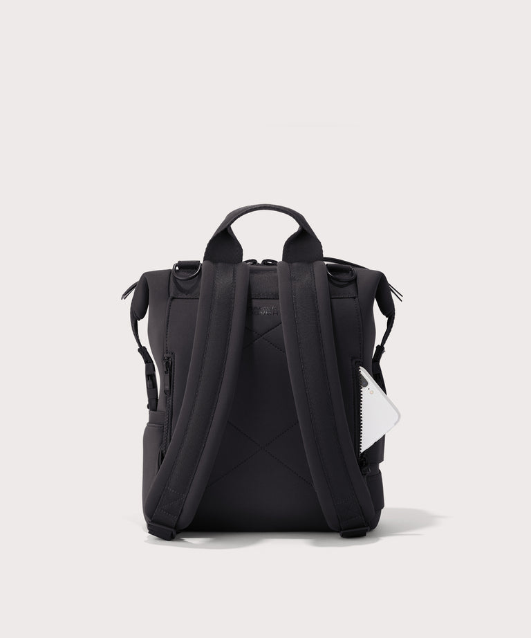 Black backpack on a light gray background