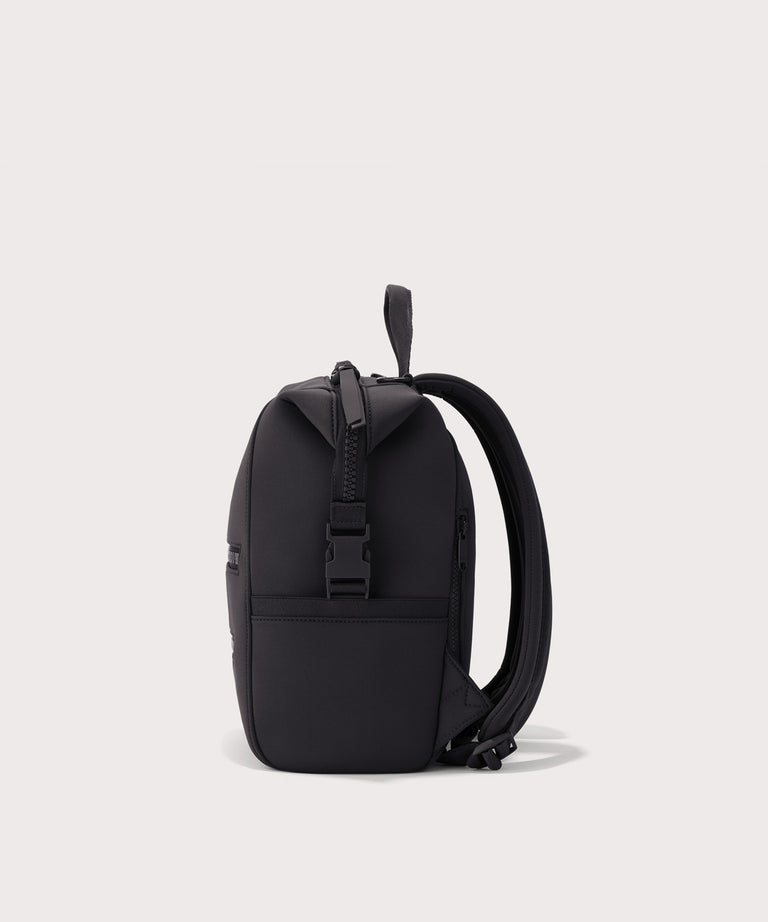 Black backpack on a light gray background