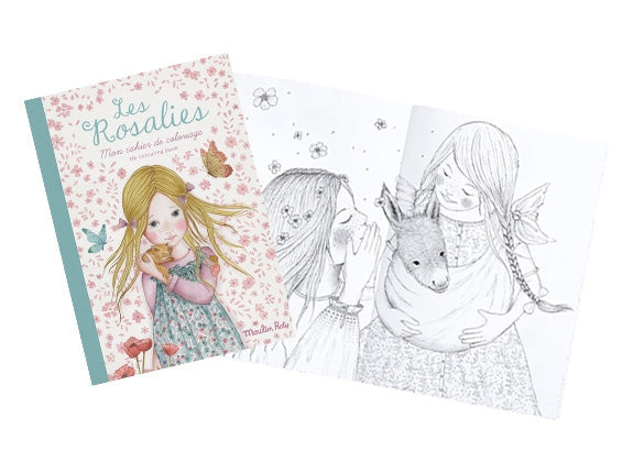 A product display of The Rosalies Coloring Book by Moulin Roty showing its illustrated front cover alongside an open interior page featuring a line-art illustration.