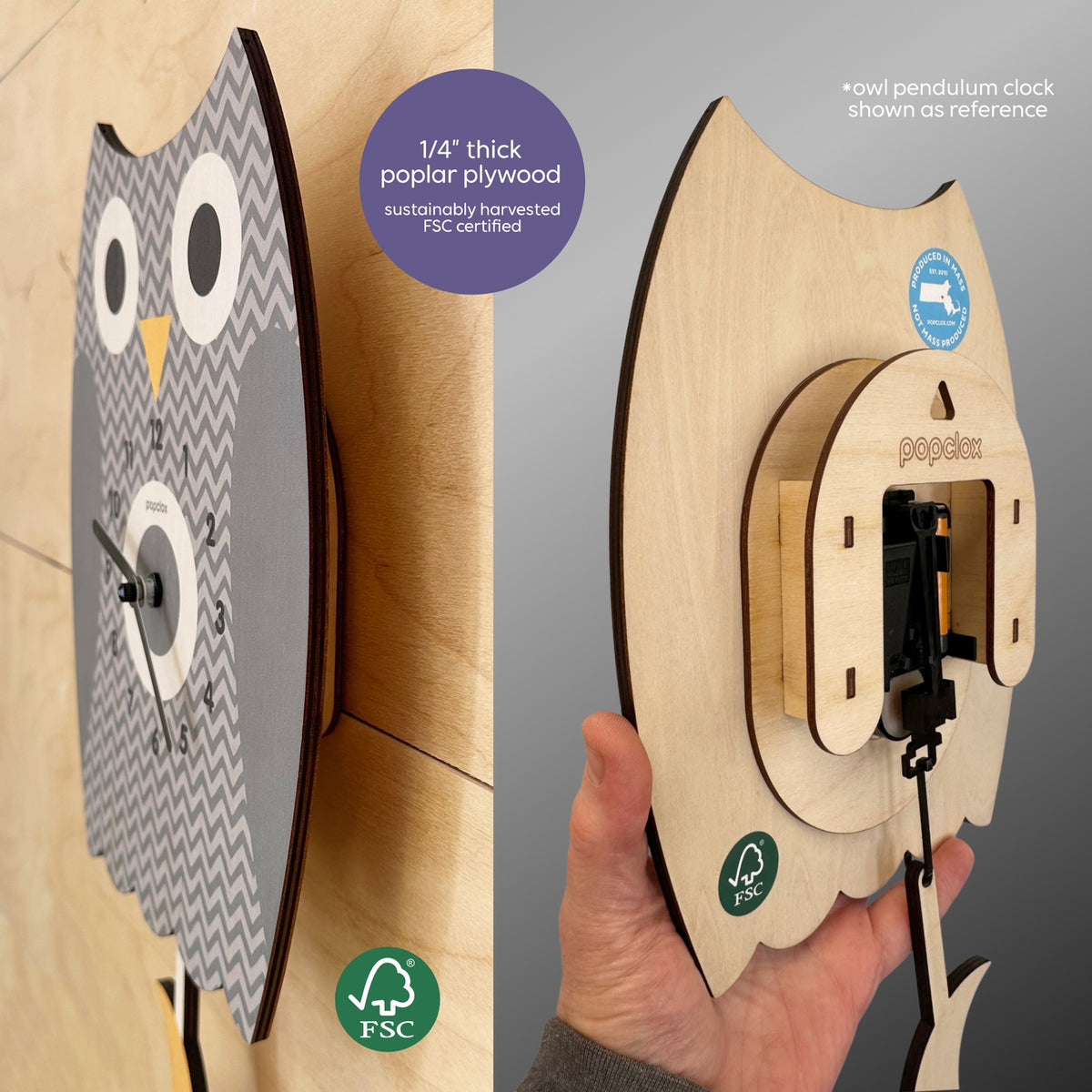 Wooden owl-shaped clock with label details on a white background